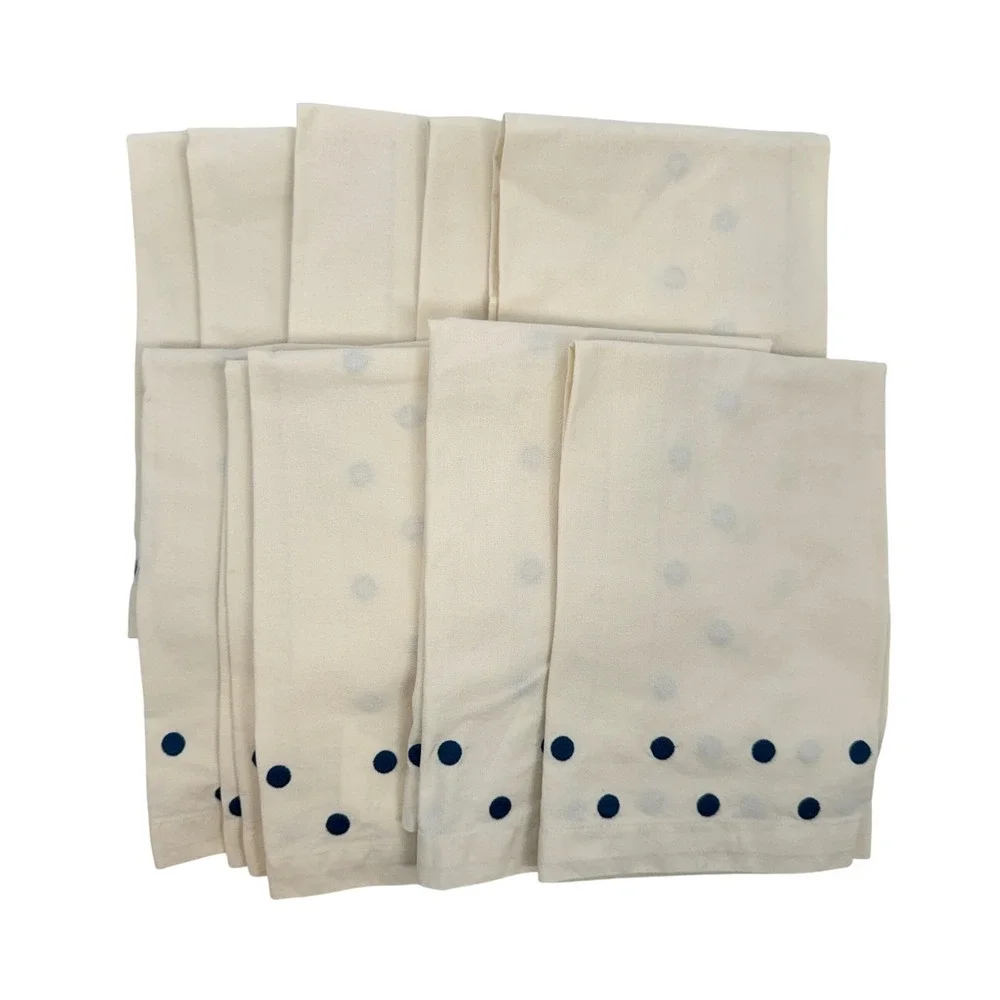 Pottery Barn Navy Blue Polka Dot Embroidered Cream Cotton Napkins Set 10 20x20
